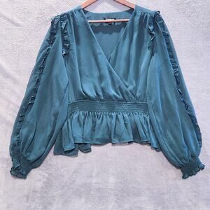 Express Womens Green Faux Wrap Ruffle Peplum Blouse Size Large Fairy Romantic